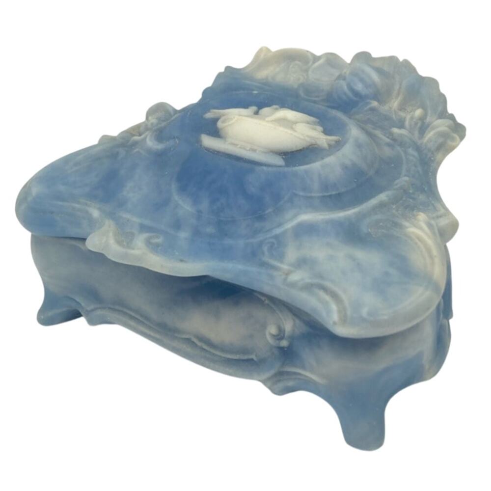 VTG Carved Incolay Stone Blue White Cameo Jewelry Trinket Box Doves on Lid